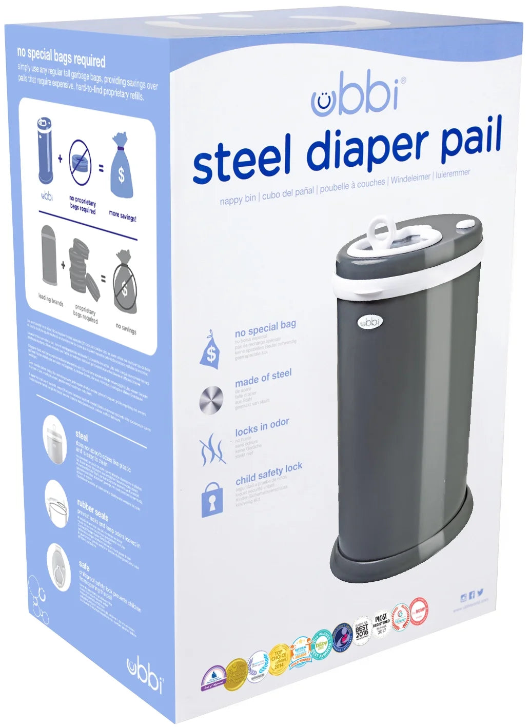 Stainless Steel Diaper Pail, Odor Locking, No Special Bag Required, Award-Winning, Registry Must-Have, Slate