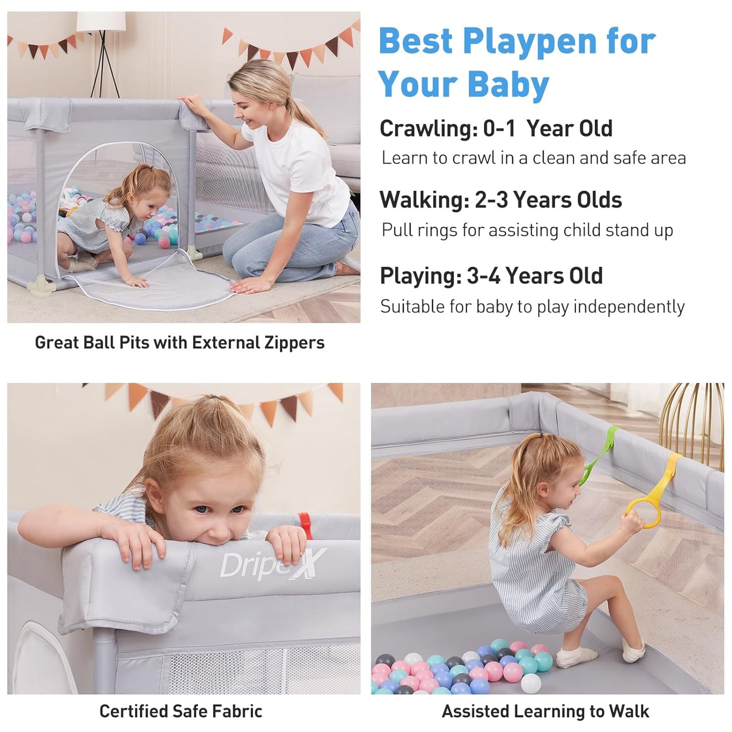 Baby Playpen, 79"Ć59" Play Pens for Babies and Toddlers, Safe Anti-Fall Play Yard with Gates, Baby Fence with Breathable Mesh, Indoor & Outdoor Kids Activity Center, Grey
