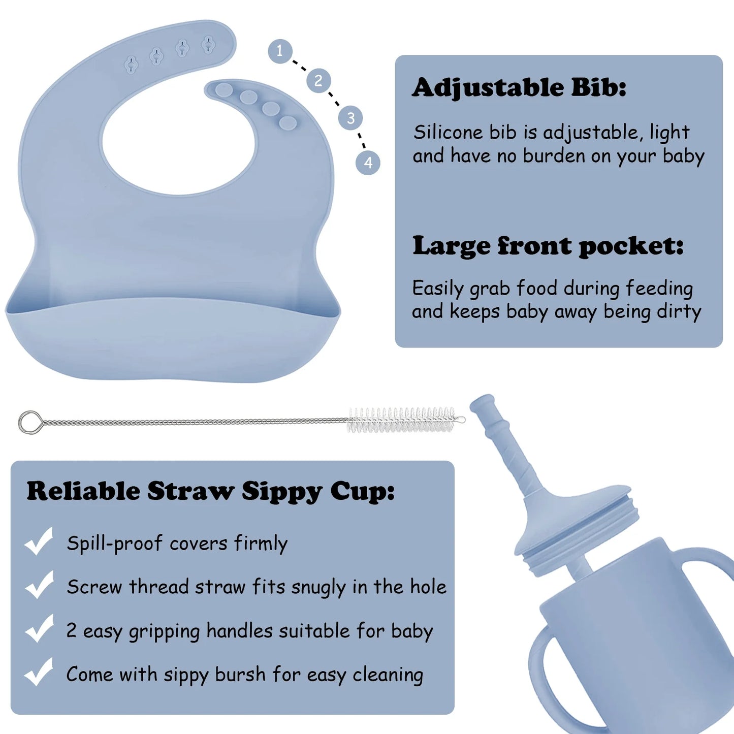 6Pcs Silicone Baby Feeding Set, Baby Led Weaning Supplies, Baby Plate Set of Suction Bowl and Divided Toddler Plate, Baby Spoon, Fork, Bib, Sippy Cup with Straw and Lid, Food Grade BPA Free, Blue