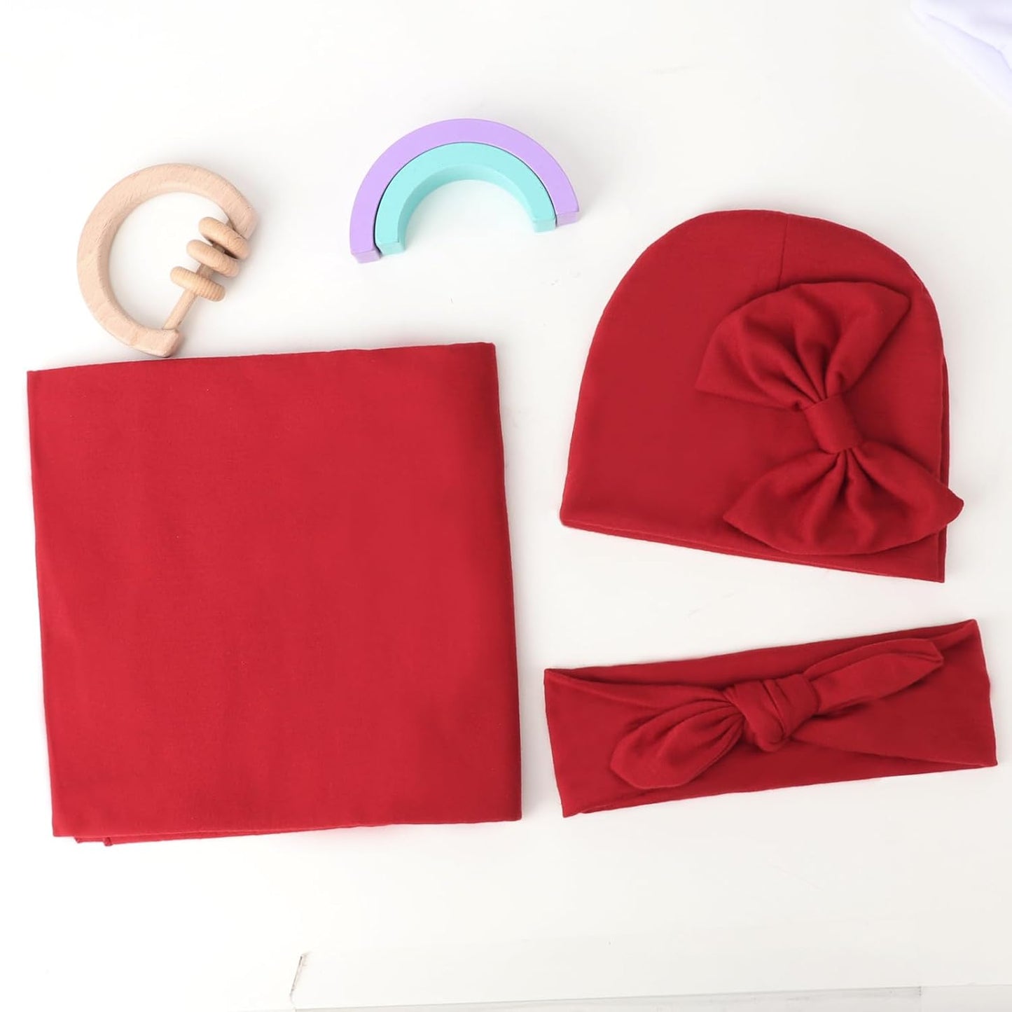 BQUBO 3 Sets Receiving Blanket with Bow Hat and Bow Headband for Newborn Baby Girls Boys Solid Color Baby Shower Swaddle Gift