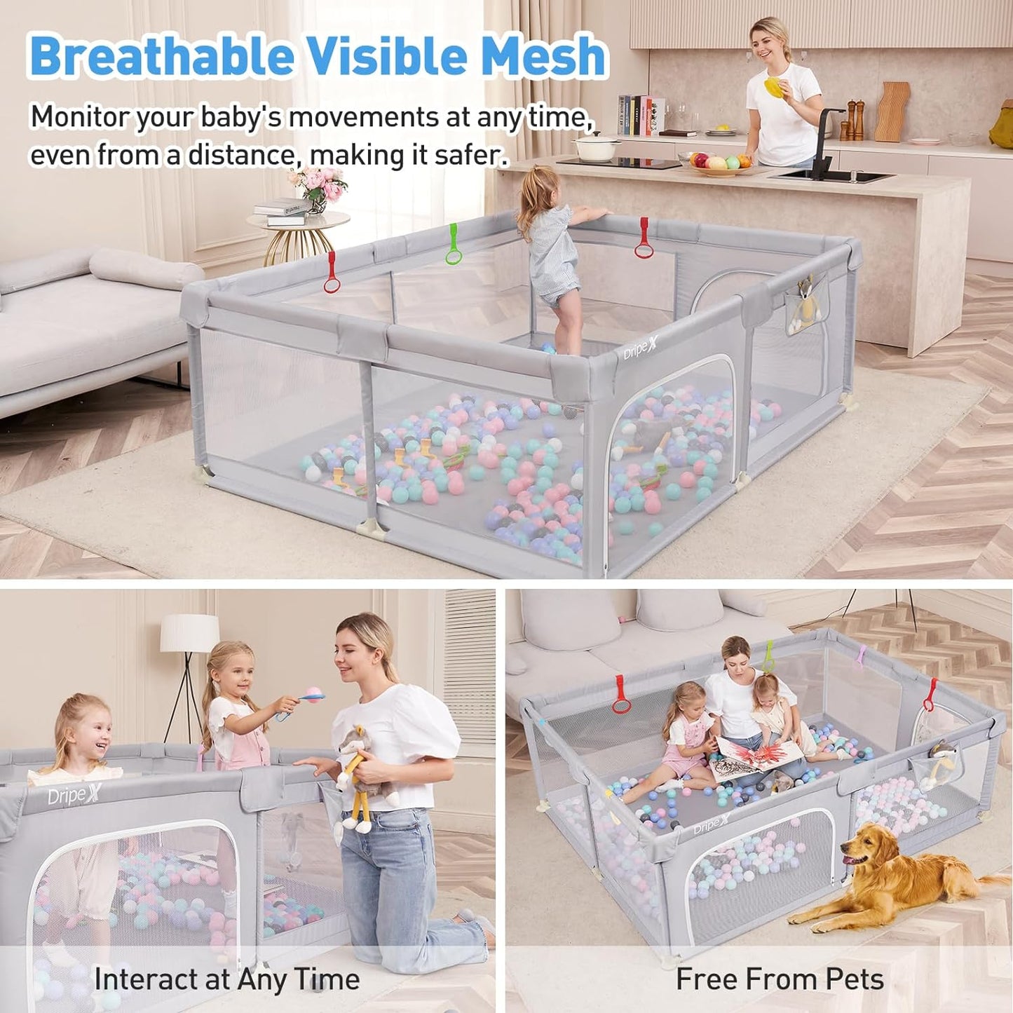 Baby Playpen, 79"Ć59" Play Pens for Babies and Toddlers, Safe Anti-Fall Play Yard with Gates, Baby Fence with Breathable Mesh, Indoor & Outdoor Kids Activity Center, Grey