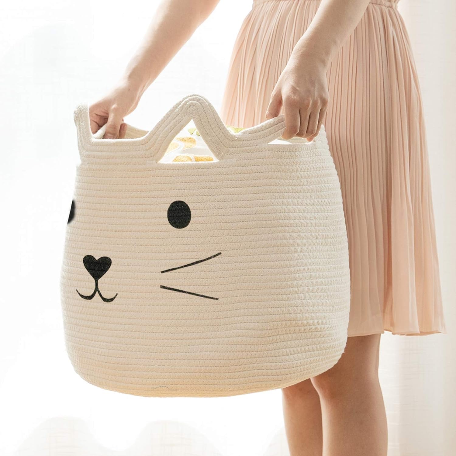 Animal Hamper Large Woven Animal Cotton Rope Storage Basket Laundry Basket Organizer with Cat Design for Towels Blanket Toys Clothes Pet Hamper for Cat 15 L X 15 H