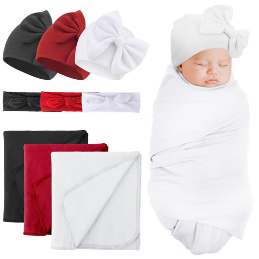 BQUBO 3 Sets Receiving Blanket with Bow Hat and Bow Headband for Newborn Baby Girls Boys Solid Color Baby Shower Swaddle Gift