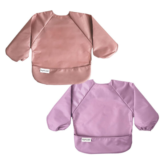 Mess Proof Baby Bib |2 Pack Waterproof Smock Bib for Eating, Machine Washable Full Sleeve with Pocket (Taupe Lilac, Small 6-24 Months)