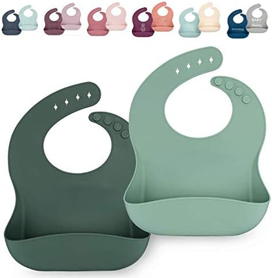 Waterproof Silicone Bib Set with Adjustable Neck Closure - Durable Silicone Bibs for Babies - Set of 2