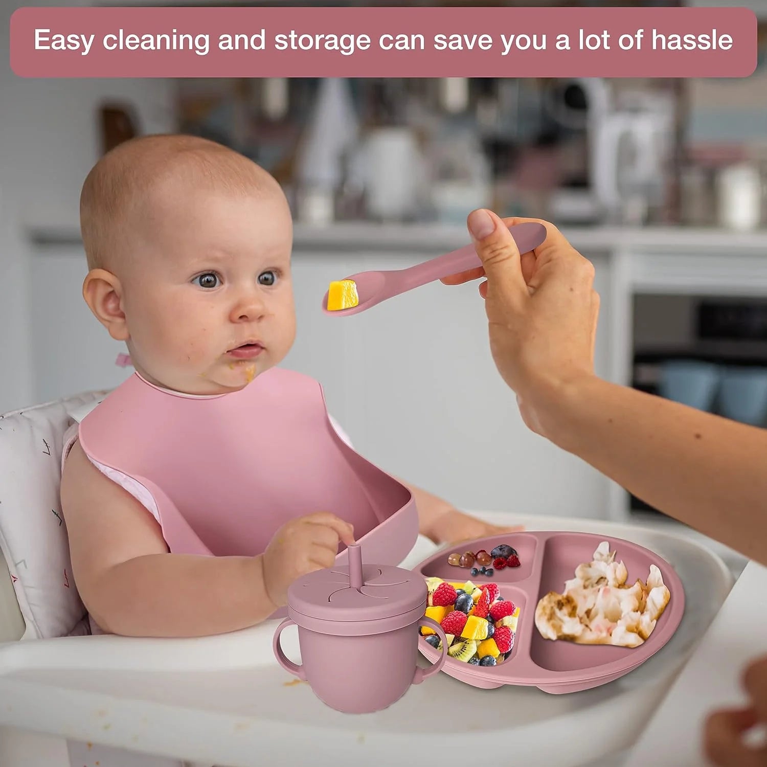 Silicone Baby Feeding Set|Baby Weaning Supplies Set|Suction Baby Plate Bowl Set with Bib Spoon Fork Sippy Cup|Baby Feeding Eating Supplies Set BPA Free - Dark Pink