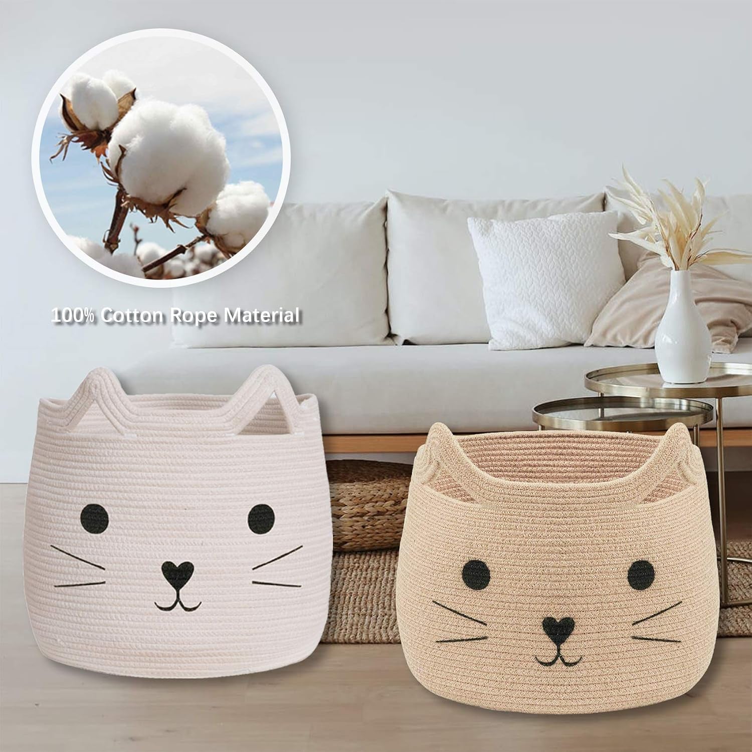 Animal Hamper Large Woven Animal Cotton Rope Storage Basket Laundry Basket Organizer with Cat Design for Towels Blanket Toys Clothes Pet Hamper for Cat 15 L X 15 H
