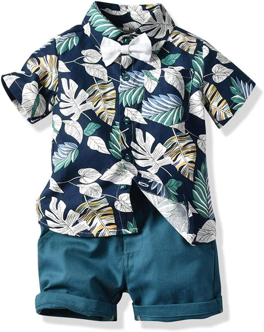 Toddler Baby Boy Shorts Sets Hawaiian Outfits,Tropical Floral Short Sleeve Shirt +Elastic Shorts Vacation Clothes