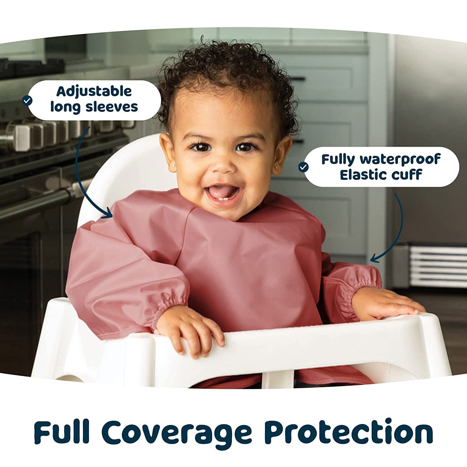 Mess Proof Baby Bib |2 Pack Waterproof Smock Bib for Eating, Machine Washable Full Sleeve with Pocket (Taupe Lilac, Small 6-24 Months)